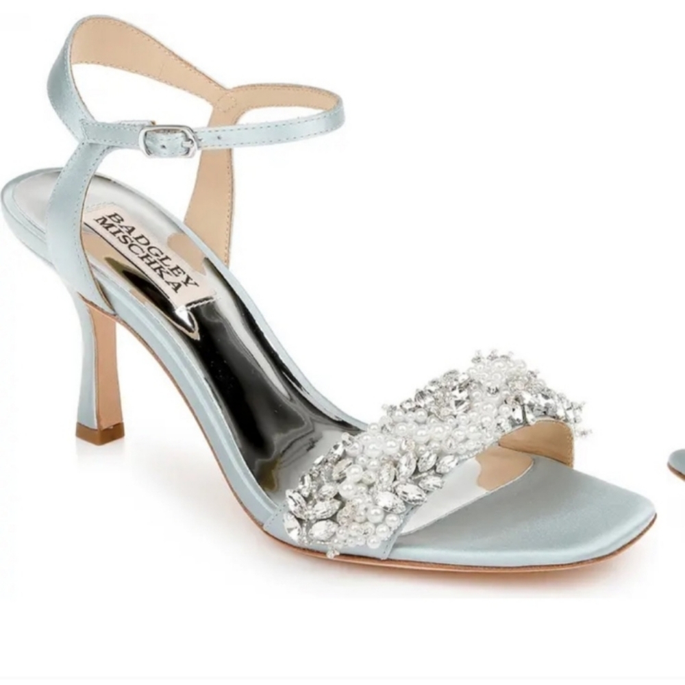Badgley Mischka satin light blue Pearl crystal embellished heel sandals  9.5